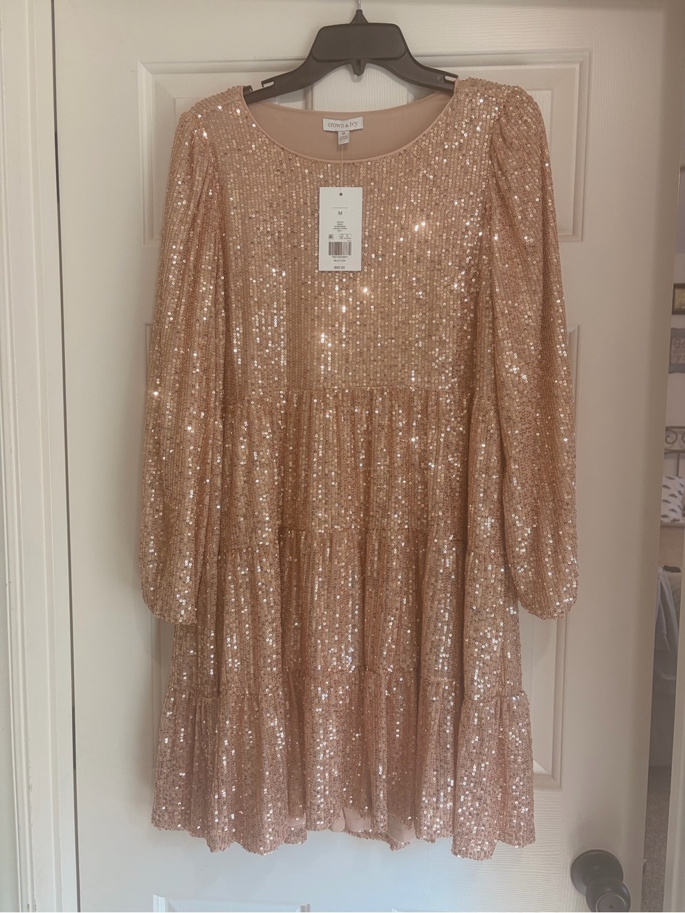 crown & ivy Rose Gold Sequin Tiered Long Sleeve Dress